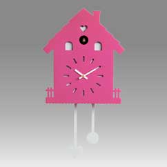 Contemporary cuckoo clock Art.heidi 2598 lacquered with acrilic color fuchsia and white pendulum